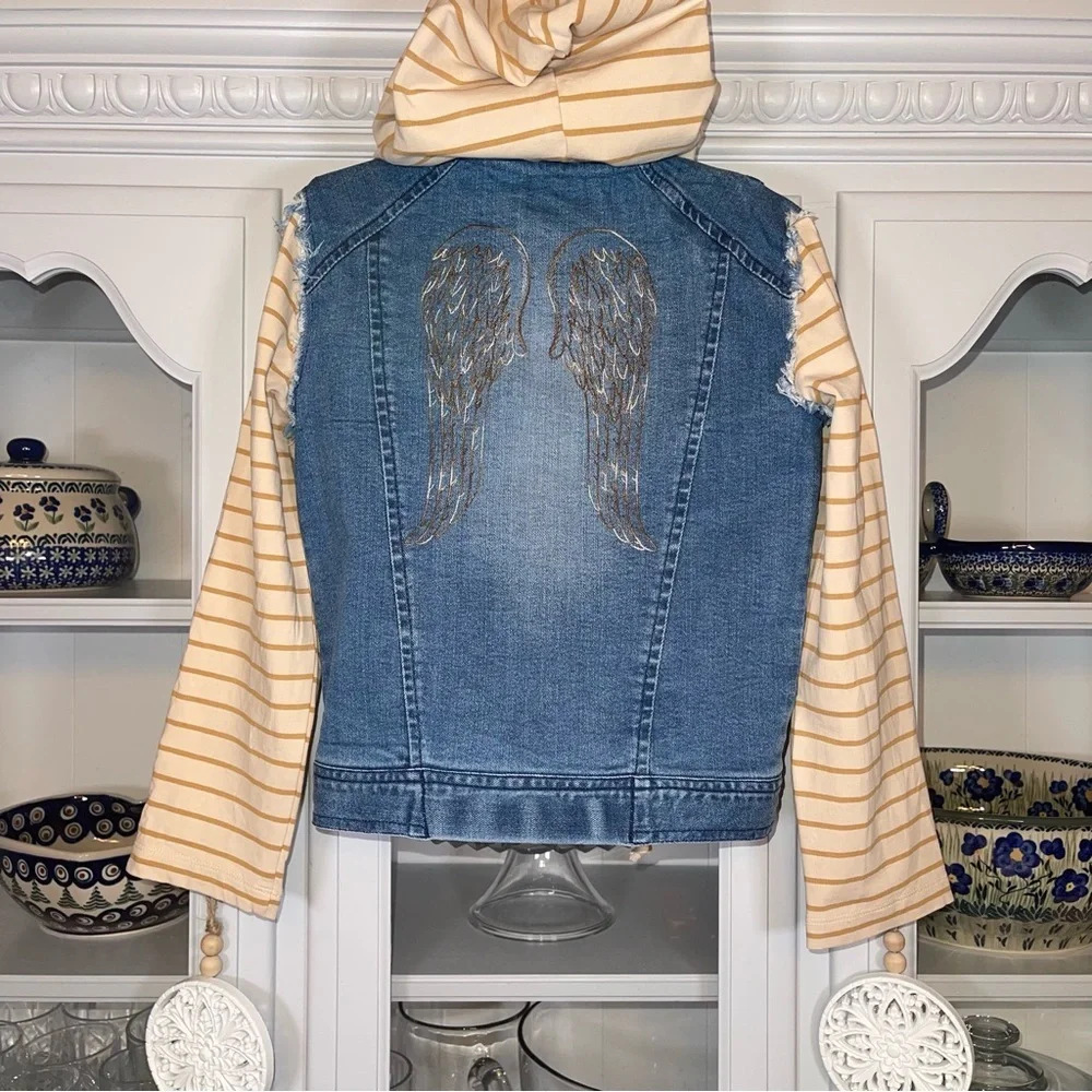 VGUC JAK & PEPPAR girls angel wings denim & knit hooded jean jacket Sz 6​​ - Picture 4 of 8